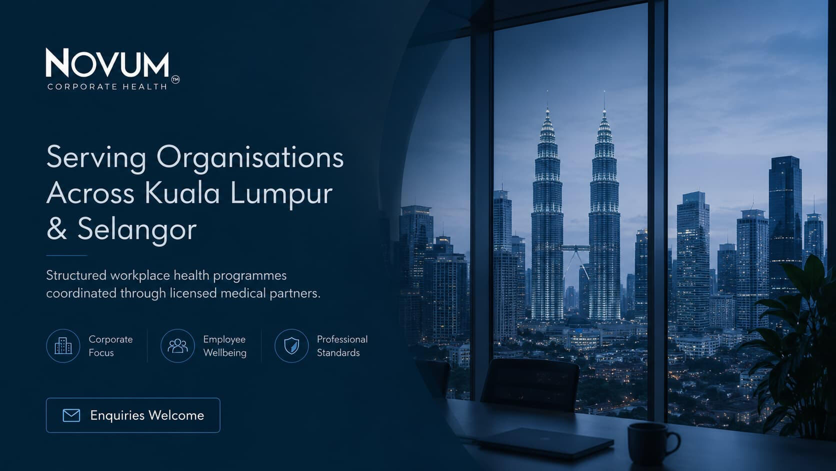 Novum Corporate Health framework banner serving organisations across Kuala Lumpur and Selangor through licensed medical partners.